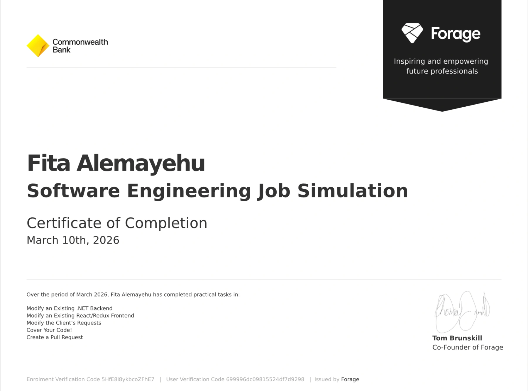 Certificate of completion: Software Engineering Job Simulation, Forage